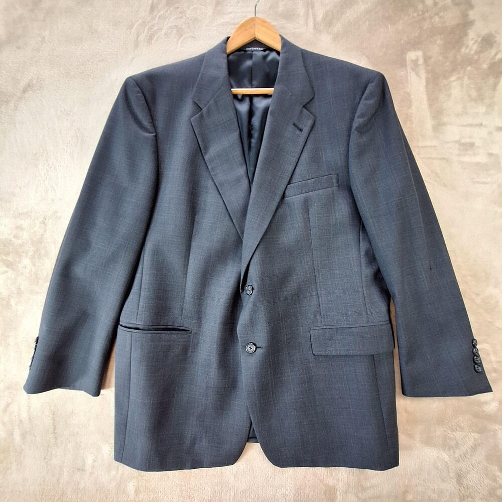Vintage Burberrys Suit Jacket Mens 44R Gray Wool Check Single Vent 2 Btn USA
